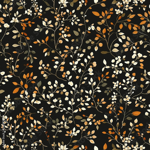 Seamless Floral Vine Pattern on Black Background with Rich Autumn Colors