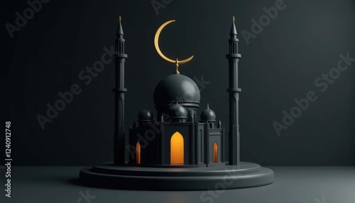3D Minimalist Mosque with Golden Crescent Moon Above