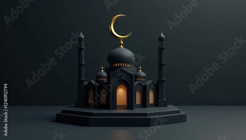 Stylized 3D Mosque in Dark Gray with Golden Dome and Minarets on Black Pedestal with Floating Crescent Moon