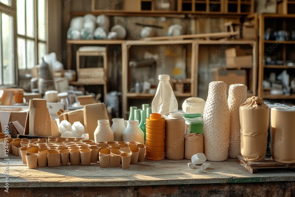 Naklejka premium A detailed illustration of eco-friendly materials replacing plastic in packaging, showcasing sustainable alternatives like cardboard, paper, bamboo, and biodegradable plastics Discover innovative