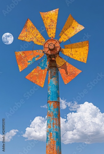 A weathered, colorful windmill set against a bright blue sky with scattered clouds and a visible moon, creating a rustic and vibrant compositio photo