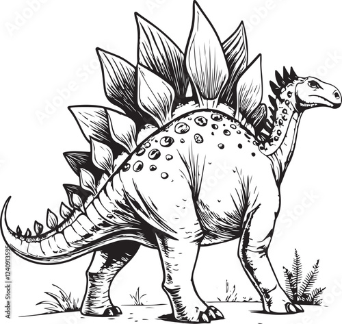 Stegosaurus Dinosaur Drawing Black and White Vector Illustration, Isolated, Linear Line Art Sketch Outline Engraving