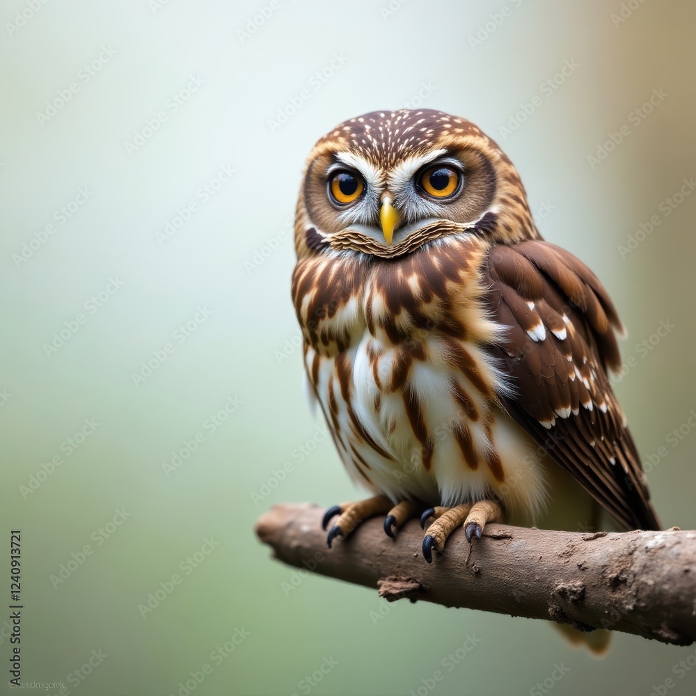 Obraz premium Eurasian pygmy owl resting on a weathered branch, alert , cute, bokeh, background