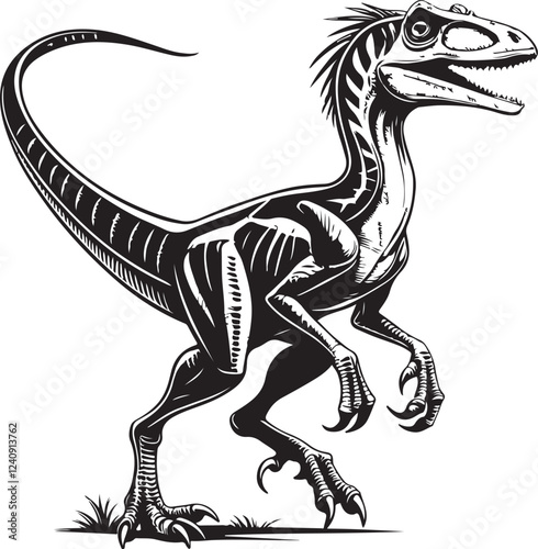 Velociraptor Dinosaur Drawing Black and White Vector Illustration, Isolated, Linear Line Art Sketch Outline Engraving