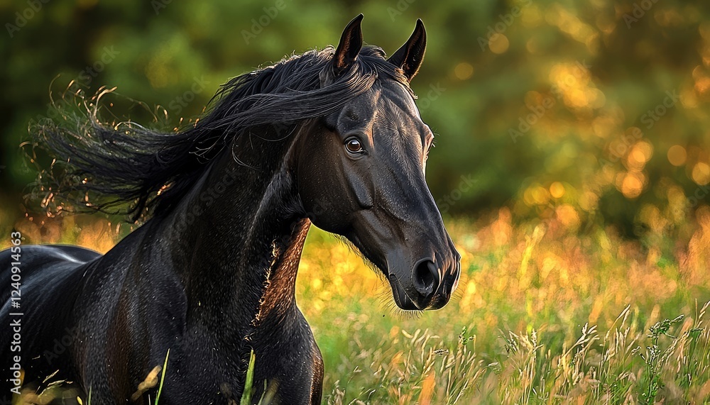Majestic Black Stallion in Golden Sunlight Meadow Majestic Black Stallion in Golden Sunlight Meadow