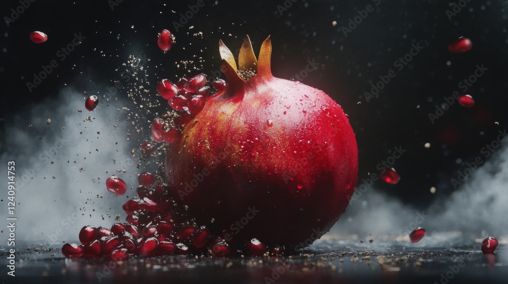 Exploding Pomegranate: Red Juicy Fruit Seeds Burst Against Dark Background Exploding Pomegranate: Red Juicy Fruit Seeds Burst Against Dark Background