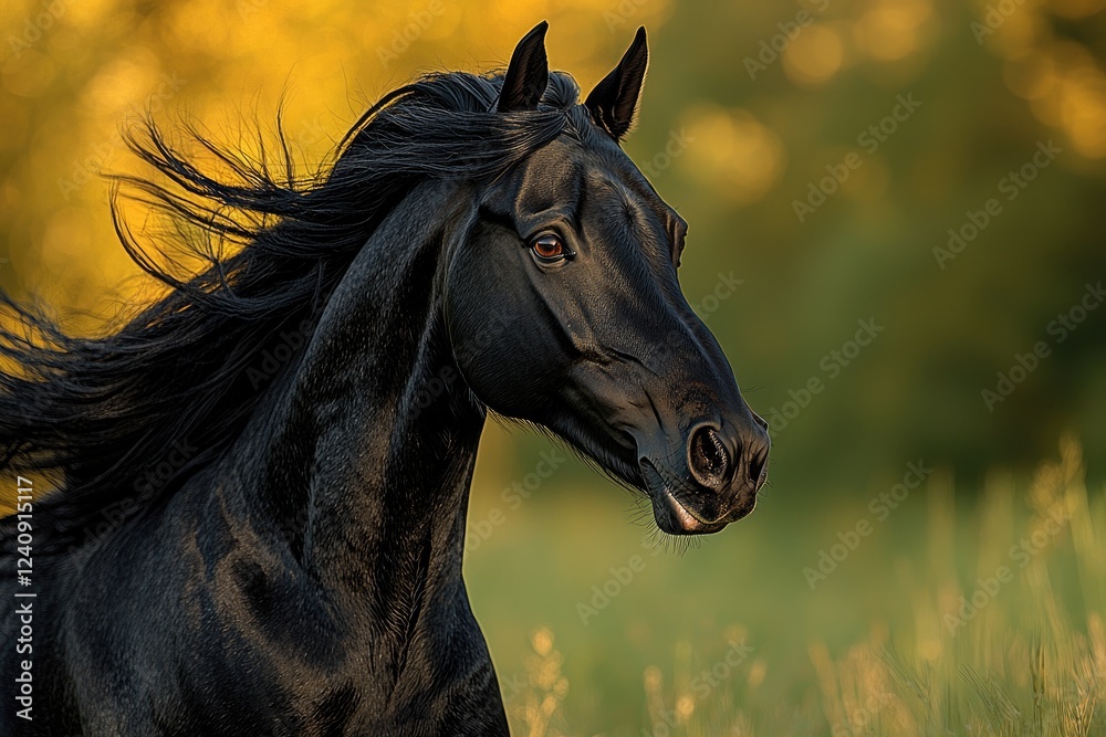 Obraz premium Majestic Black Stallion Portrait Golden Hour Setting