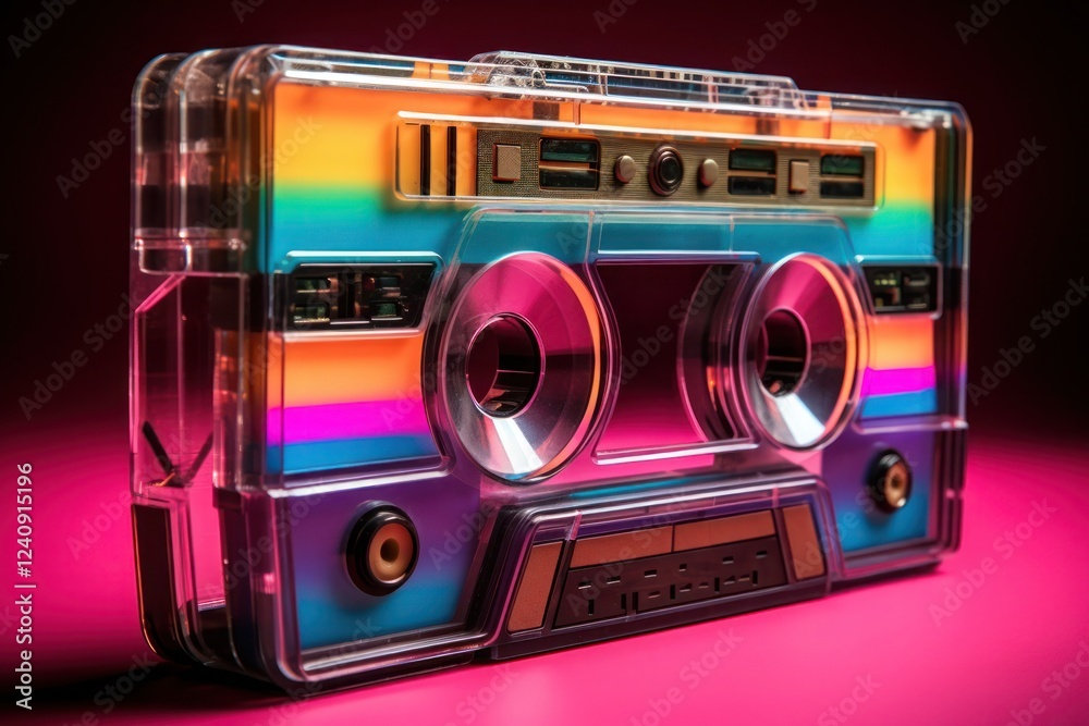 Fototapeta premium Retro audio cassette tape with neon vibrant colors against black background. 80s and 90s music and design.