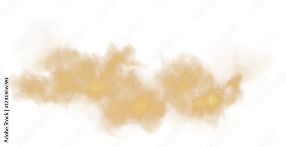 Fototapeta premium Bright Golden Smoke Cloud Illustration. Fantastic golden smoke. Magic smoke. Smog cloud on podium or stage. Fog vapor over ground or water surface, magic haze. Magic smoke, magic fog, golden steam. PN