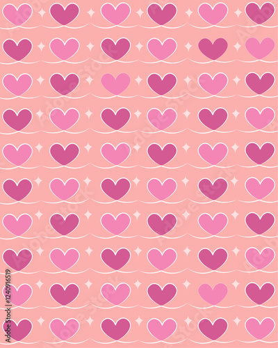 Retro pink love heart seamless pattern illustration. Cute romantic pink hearts background print. Valentine's day holiday backdrop texture, romantic wedding design