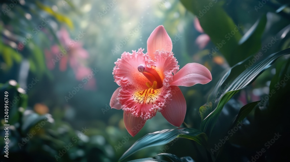 Fototapeta premium A close-up of a vibrant orchid in a tropical gardenphotorealistic portrait,
