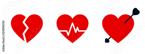 Red Heart Icons. Stylised broken heart icon, medical heartbeat icon, and heart with arrow. Isolated on white background. Vector Illustration.