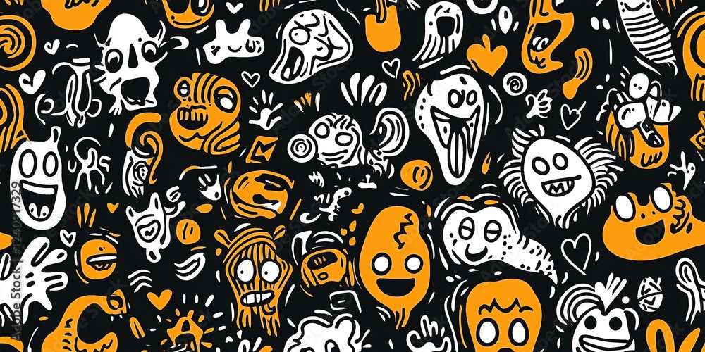 Fototapeta premium Playful Whimsical Doodle Art Pattern with Unique Characters on Black Background