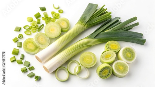 Various Fresh Green Leeks Sliced and Whole on White Background for Healthy Cooking and Preparation photo