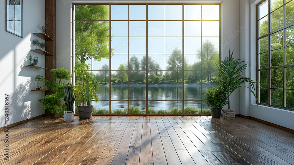 Fototapeta premium Lake View Room Modern Interior Design, Sunlit Wooden Floor with Plants and Green Decor.