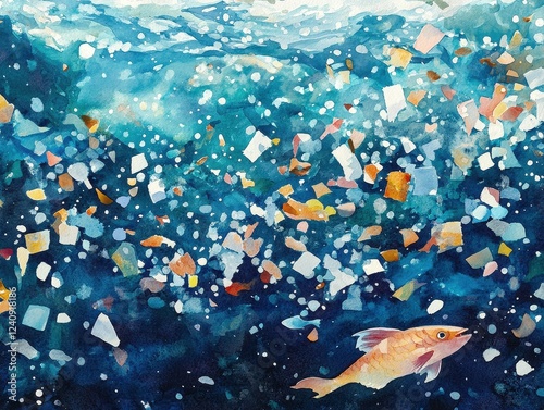 Abstract watercolor of tiny plastic fragments floating in a deep blue sea, fish unknowingly swimming through, environmental concern, soft hues photo