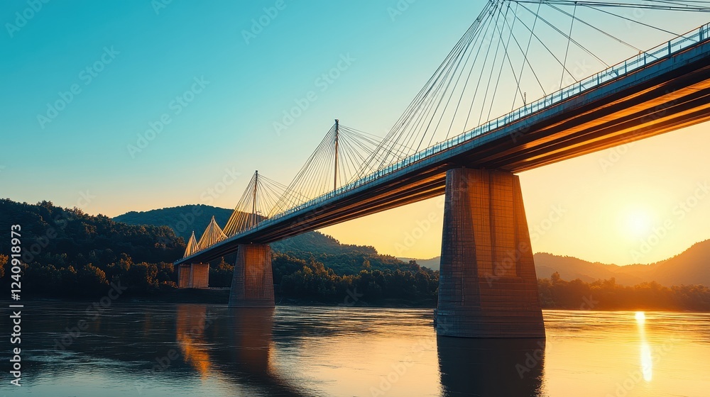 Obraz premium Majestic Bridge Over Serene Water at Sunset with Dramatic Sky and Lush Green Mountains in Background