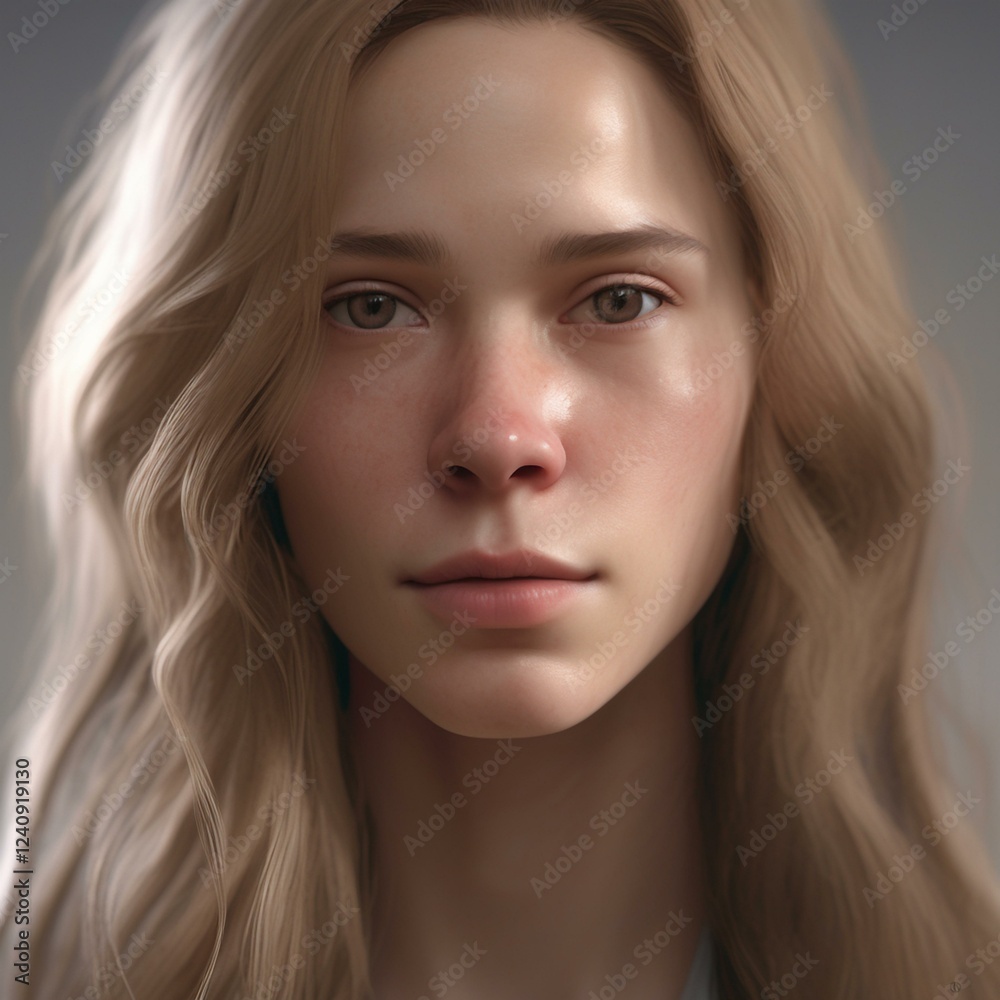 Naklejka premium A highly detailed, hyper-realistic close-up portrait of an AI-generated human face. This digital artwork features lifelike skin textures, expressive eyes, and natural lighting.