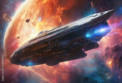 Fototapeta Naklejka Na Ścianę i Meble -  Futuristic spaceship in a vibrant galaxy.