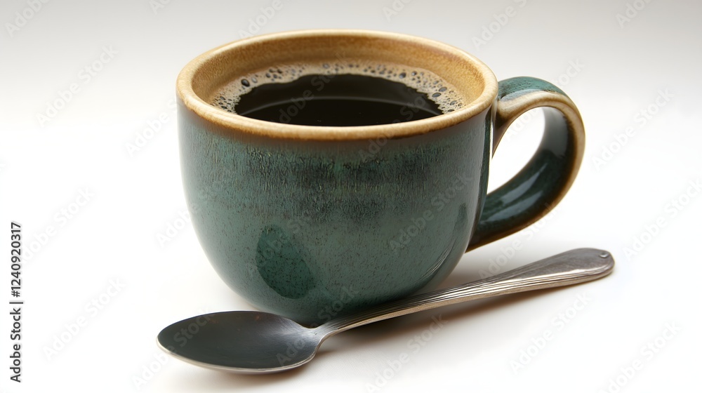 Dark Coffee in Teal Ceramic Mug with Spoon on White Background 70 chars Dark Coffee in Teal Ceramic Mug with Spoon on White Background 70 chars
