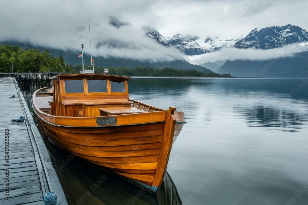 Classic Wooden Boat Moored at Dock Reflecting Peaceful Mountain Lake Under Cloudy Sky Classic Wooden Boat Moored at Dock Reflecting Peaceful Mountain Lake Under Cloudy Sky