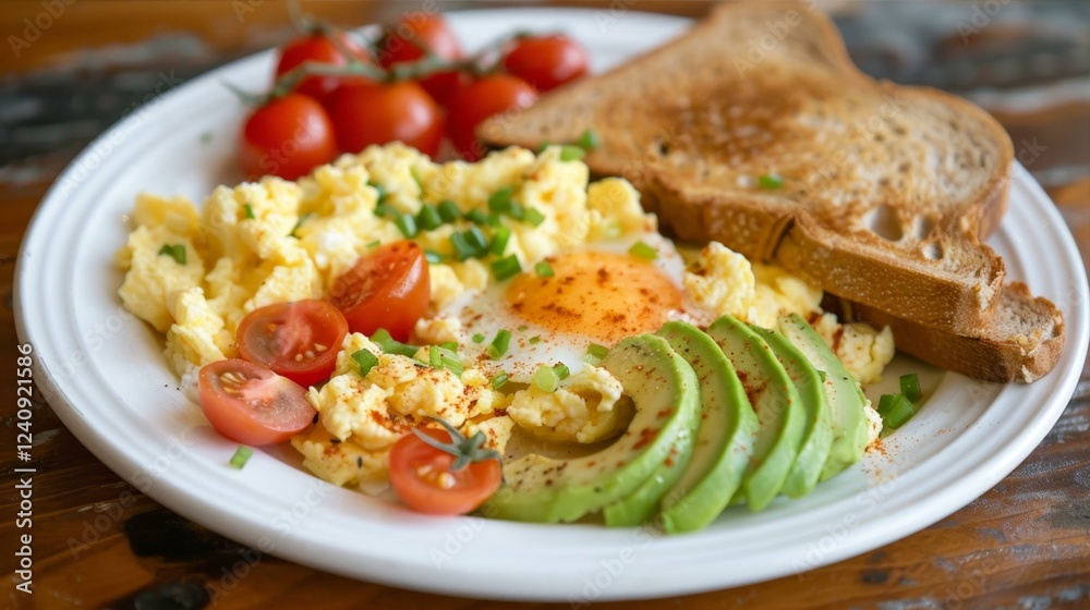 Delicious Breakfast Scrambled Eggs and Toast with Avocado and Tomatoes on a White Plate Delicious Breakfast Scrambled Eggs and Toast with Avocado and Tomatoes on a White Plate