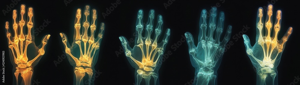 Futuristic Medical Imaging X-Ray Sequence Showing Arthritis Progression in Human Hands This advanced medical visualization depicts the stages of arthritis development, from early onset to severe Futuristic Medical Imaging X-Ray Sequence Showing Arthritis Progression in Human Hands This advanced medical visualization depicts the stages of arthritis development, from early onset to severe