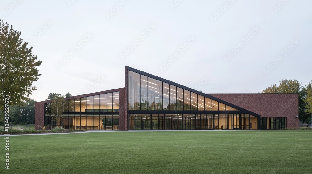 Modern brick building, park setting, dusk, architectural design Modern brick building, park setting, dusk, architectural design