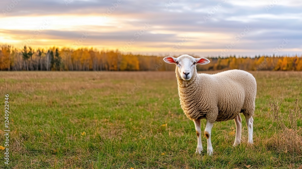 Sheep Grazing Peacefully in a Serene Field During Sunset with Autumn Colors in the Background Sheep Grazing Peacefully in a Serene Field During Sunset with Autumn Colors in the Background