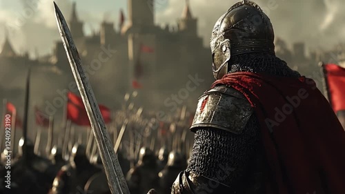 Medieval knight leads charge amidst battle with sword and red banner waving