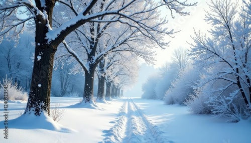 Trees covered in snow and ice with branches bare and skeletal, barren, cold