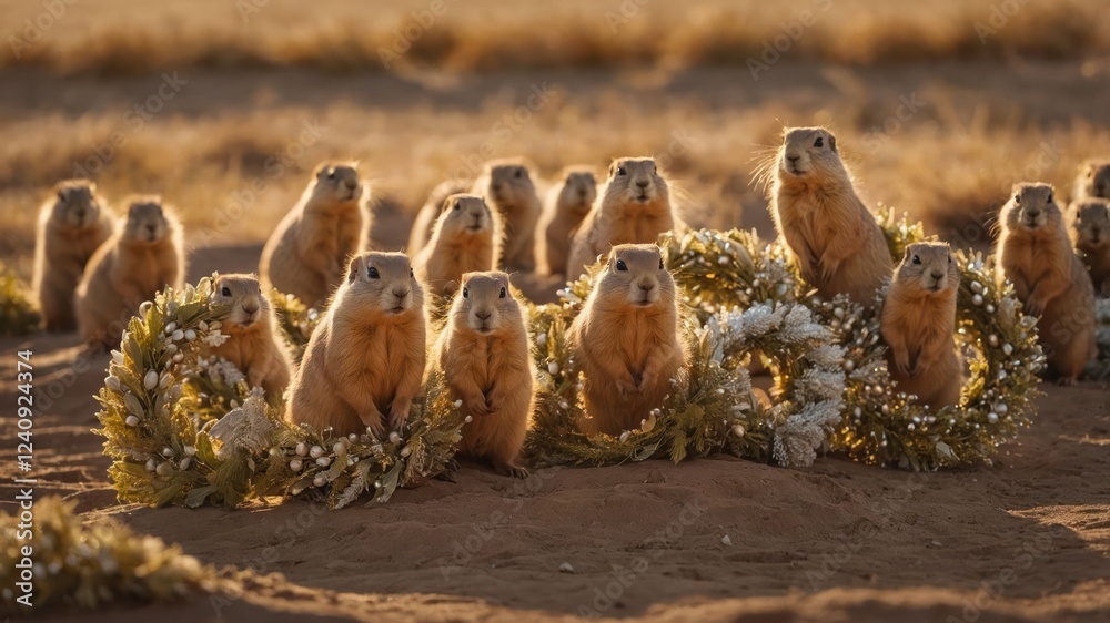 Obraz premium Group of prairie dogs adorned with floral wreaths in a golden sunset on a sandy landscape