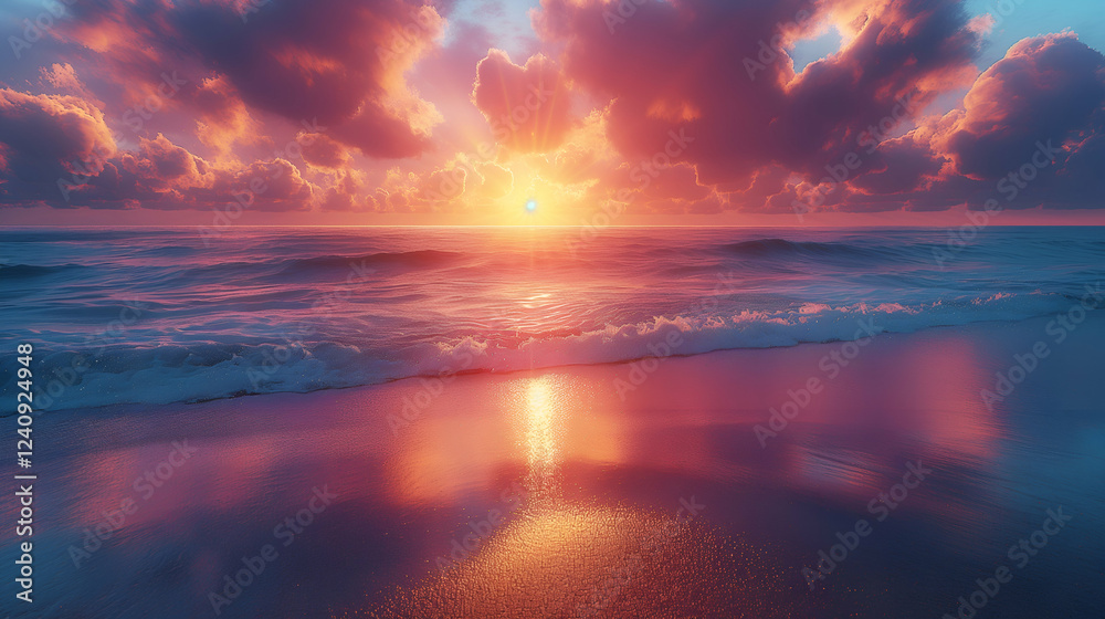 Ocean Sunset Dramatic Pink Sky, Calm Waves, Tropical Summer Sunrise Photography. Ocean Sunset Dramatic Pink Sky, Calm Waves, Tropical Summer Sunrise Photography.