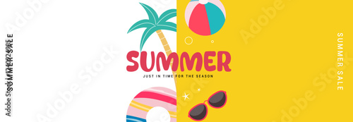 Colorful Summer Sale Banner or Poster template with Sunglasses, tree, Beach Ball and Tropical Elements, Vibrant Summer Sale.