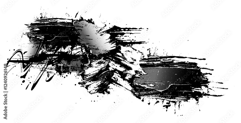 Naklejka premium Grunge ink brush strokes & halftone texture – abstract brutalist vector artwork.