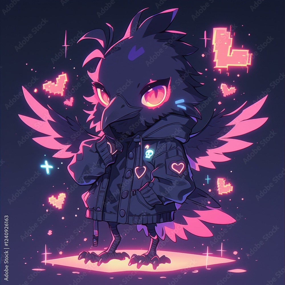 Neon Crow with Glowing Hearts and Pixels in the Night Displaying Cool Street Fashion Style Neon Crow with Glowing Hearts and Pixels in the Night Displaying Cool Street Fashion Style