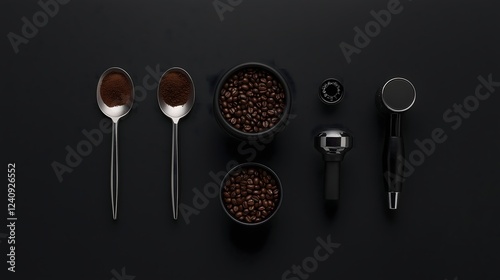 Coffee beans, grounds, and espresso machine tools on a dark background photo