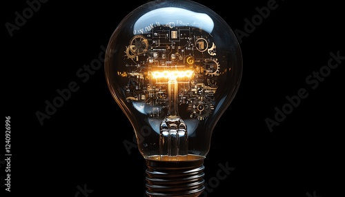 Hightech light bulb with gears and circuits, representing the fusion of creative thinking and business innovation, as a metaphor for genius marketing strategy planning photo