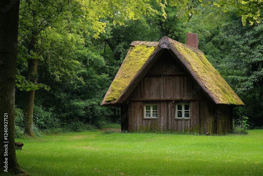 Rustic Wooden Cabin in Forest Glade with Moss Covered Roof and Green Surroundings Rustic Wooden Cabin in Forest Glade with Moss Covered Roof and Green Surroundings