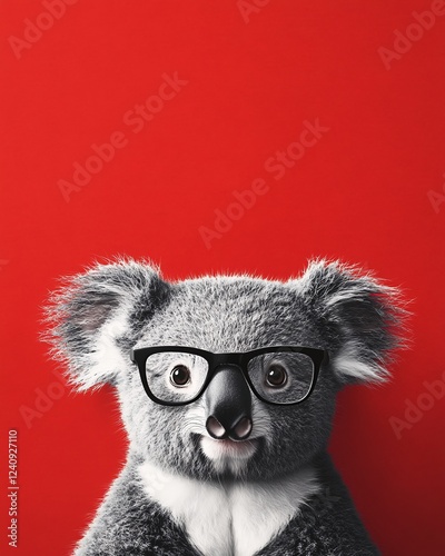 Koala with Glasses Against Red Background photo