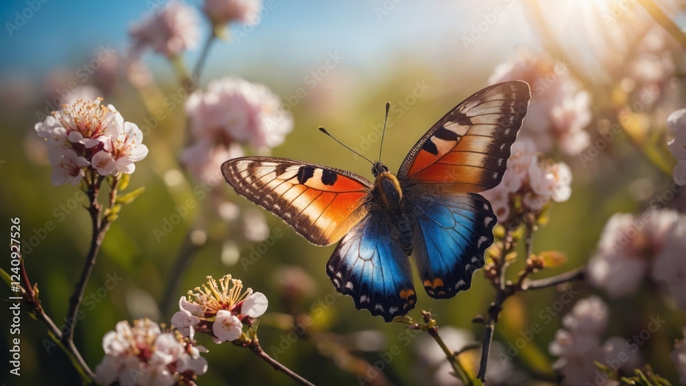 Colorful butterfly perched on blooming flowers in a vibrant garden under sunlight Colorful butterfly perched on blooming flowers in a vibrant garden under sunlight