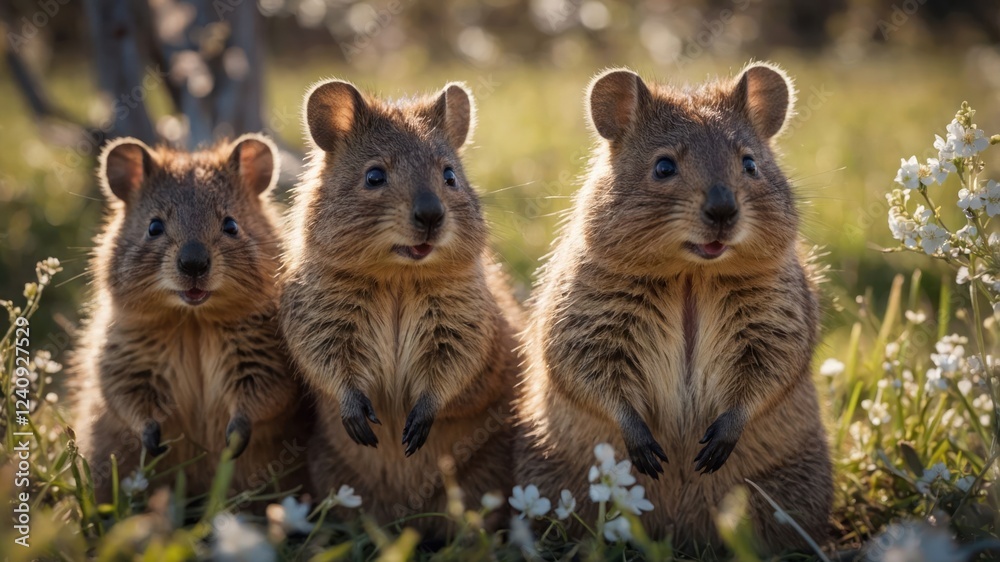 Fototapeta premium Three adorable quokkas standing on a grassy field with flowers in the background, enjoying the sun