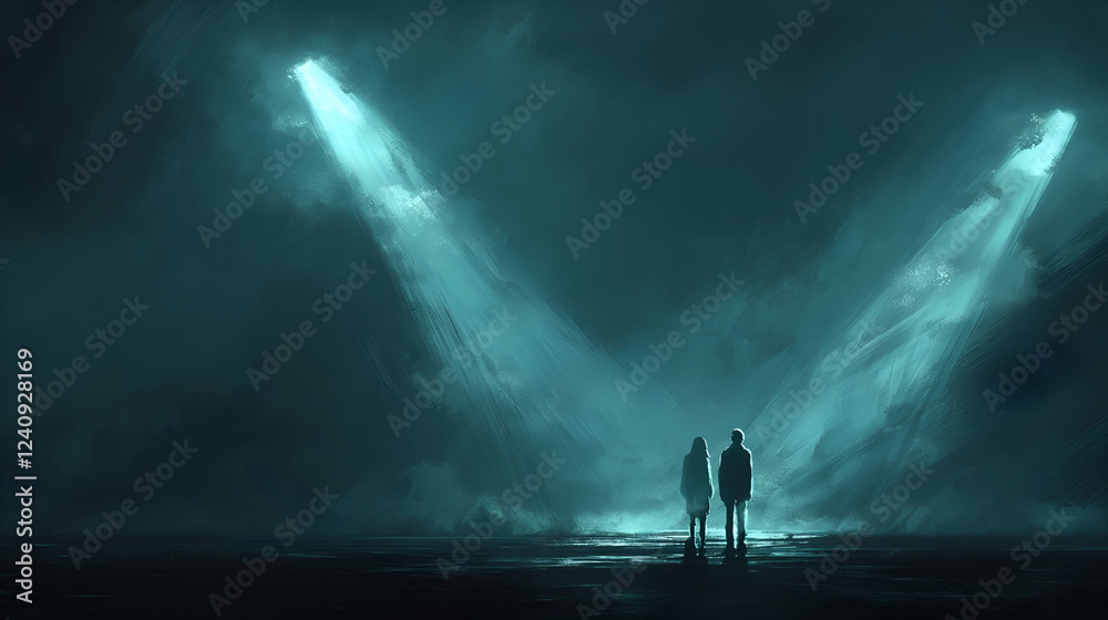 Fototapeta premium Mysterious Night Scene Couple Silhouettes with Teal Light Beams, Dramatic Digital Artwork.