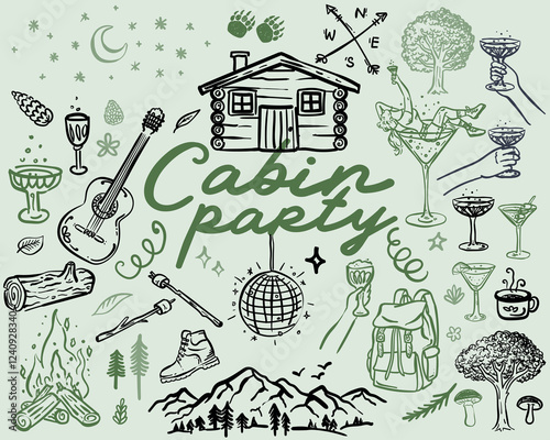 Beautiful whimsical hand drawn style Cabin Party illustration set, vector element collection
