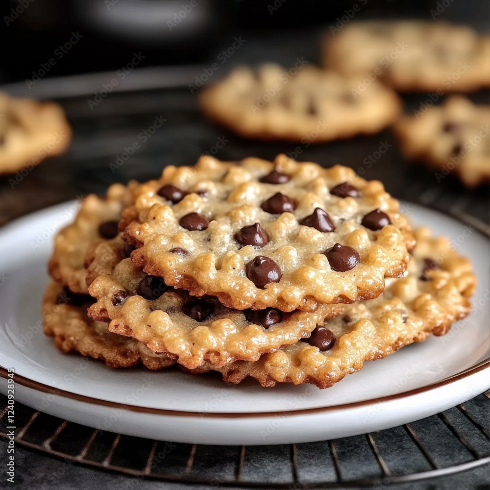 Stack Of Delicious Chocolate Chip Cookies On Plate With More Baking Treats In The Background Stack Of Delicious Chocolate Chip Cookies On Plate With More Baking Treats In The Background
