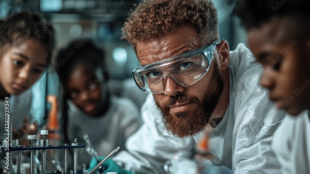 A teacher explaining science concepts to a group of students in a labphotorealistic portrait, A teacher explaining science concepts to a group of students in a labphotorealistic portrait,