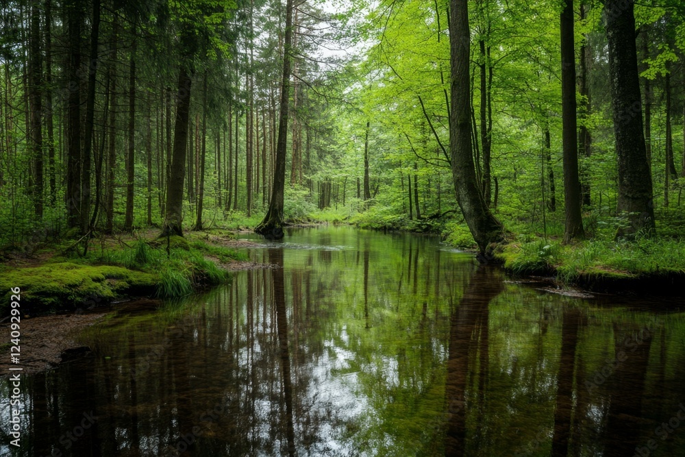Tranquil Forest Stream Reflection Amidst Lush Greenery and Towering Trees in the Daylight Tranquil Forest Stream Reflection Amidst Lush Greenery and Towering Trees in the Daylight