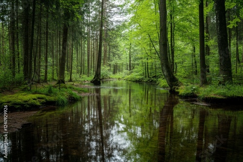 Tranquil Forest Stream Reflection Amidst Lush Greenery and Towering Trees in the Daylight