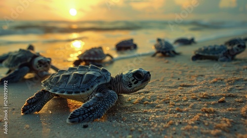 A group of baby sea turtles crawling on the beach towards sunset