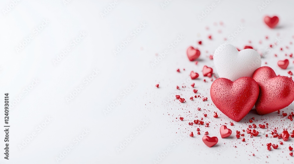 Romantic red and white hearts, confetti, white background; Valentine's Day greeting Romantic red and white hearts, confetti, white background; Valentine's Day greeting